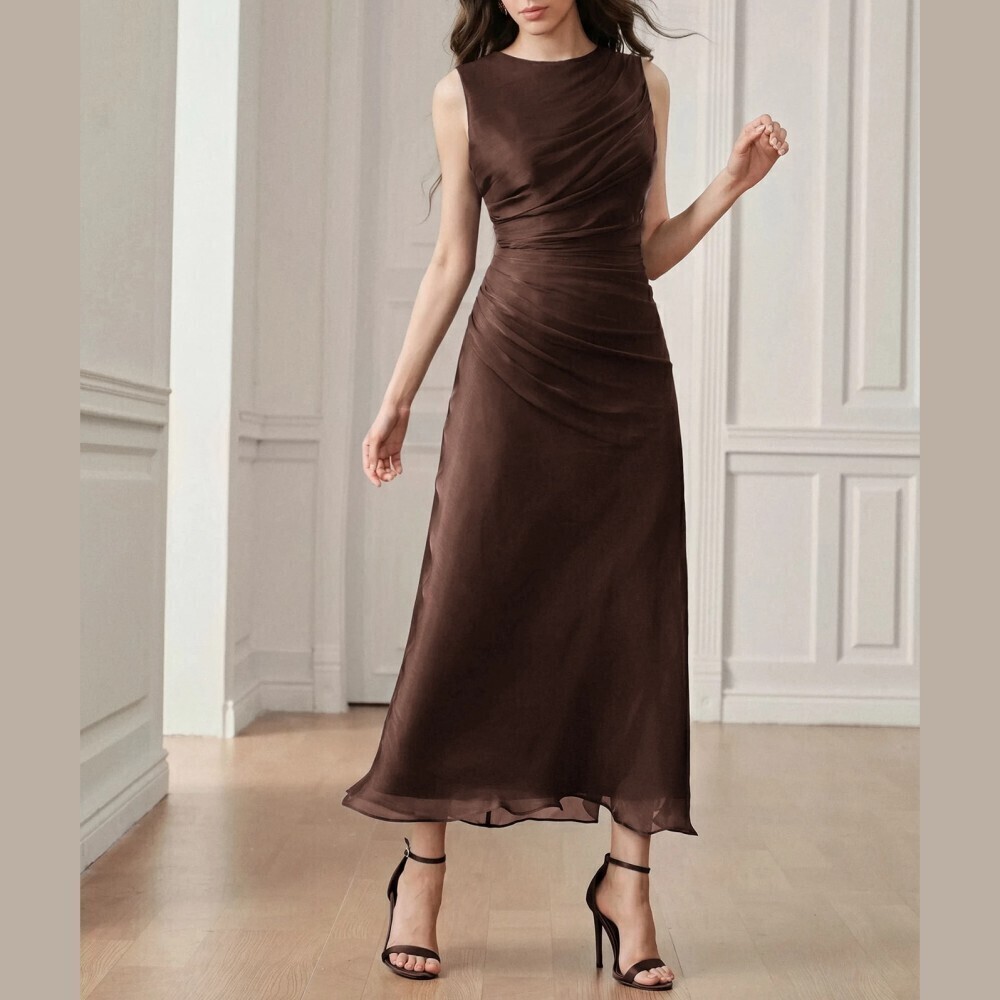 Chocolate Brown Draped Ruched Sleeveless Round Neck Maxi Dress